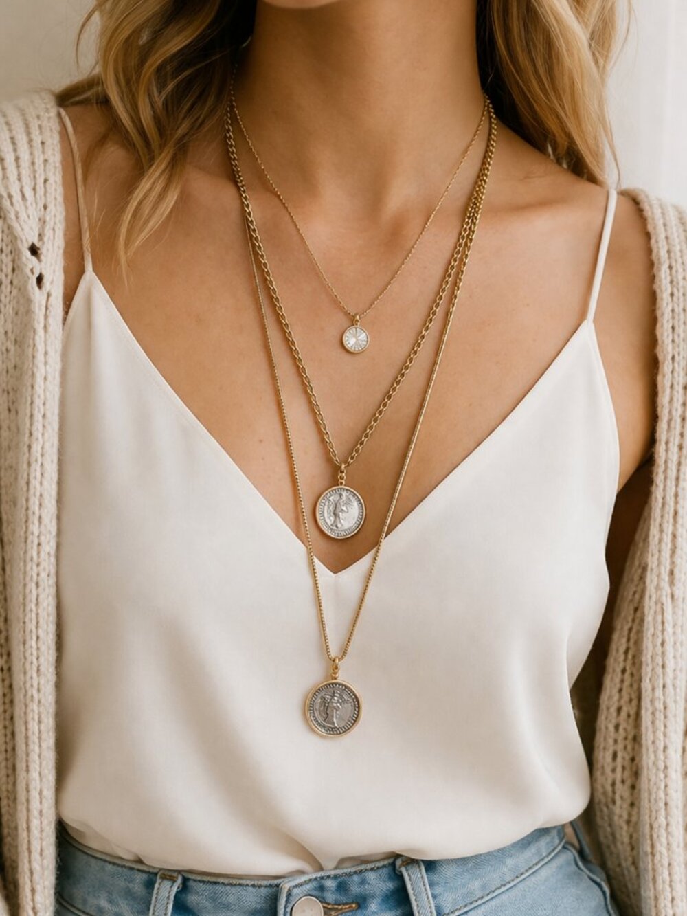 White House Black Market Layered Gold Coin Multi Strand Pendant Necklace